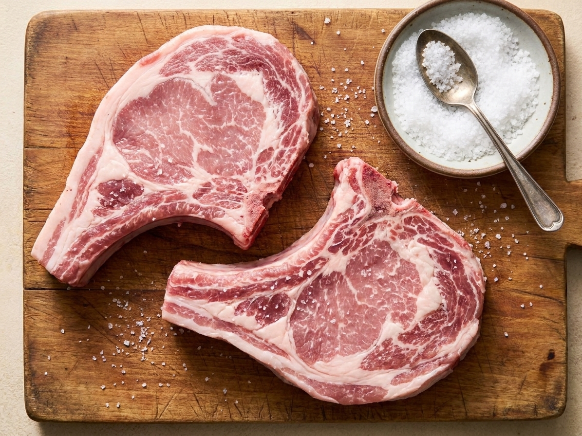 Raw bone-in pork chops on a wooden cutting board with visible marbling and a small dish of kosher salt nearby