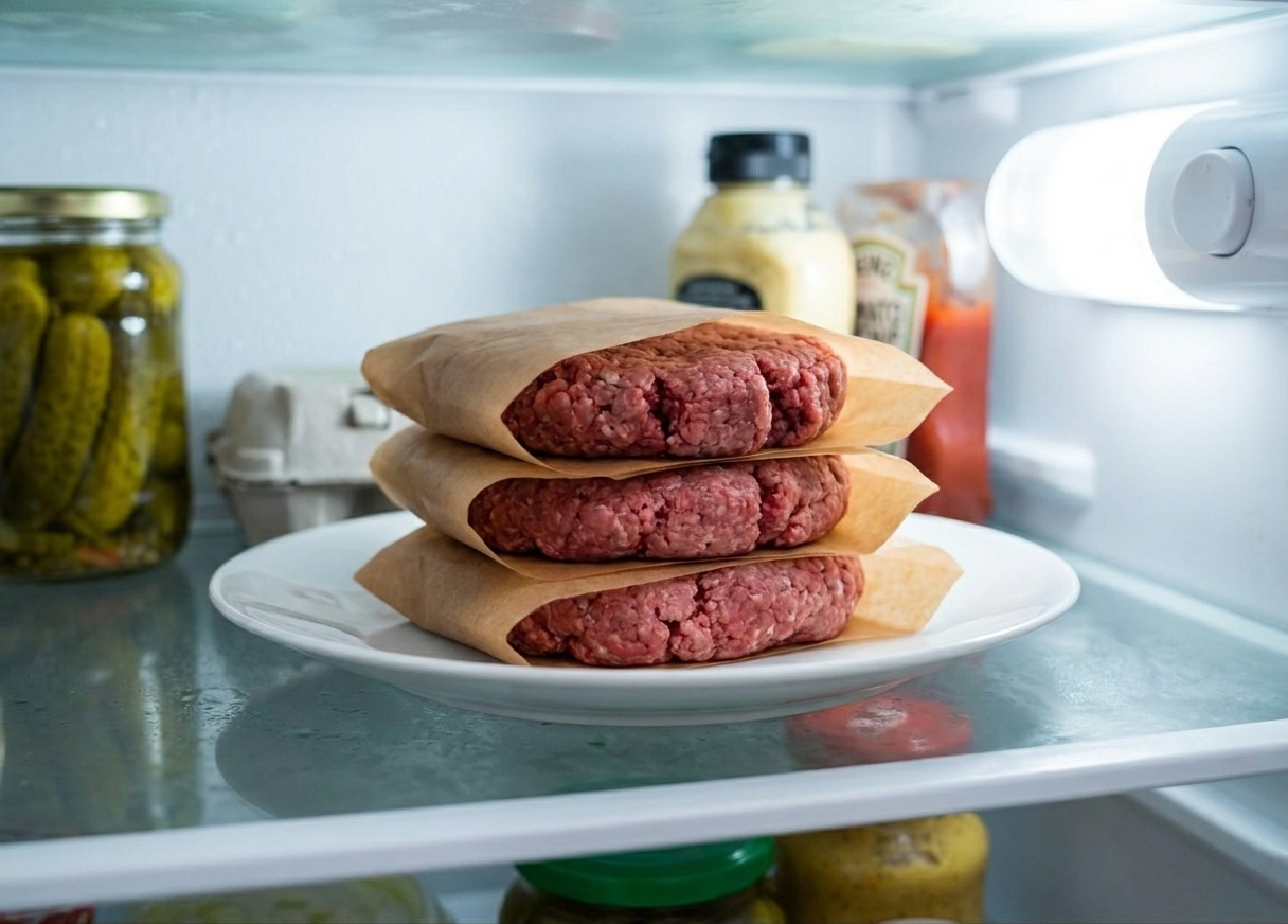 Raw burger patties wrapped in parchment and stored on a plate in the refrigerator