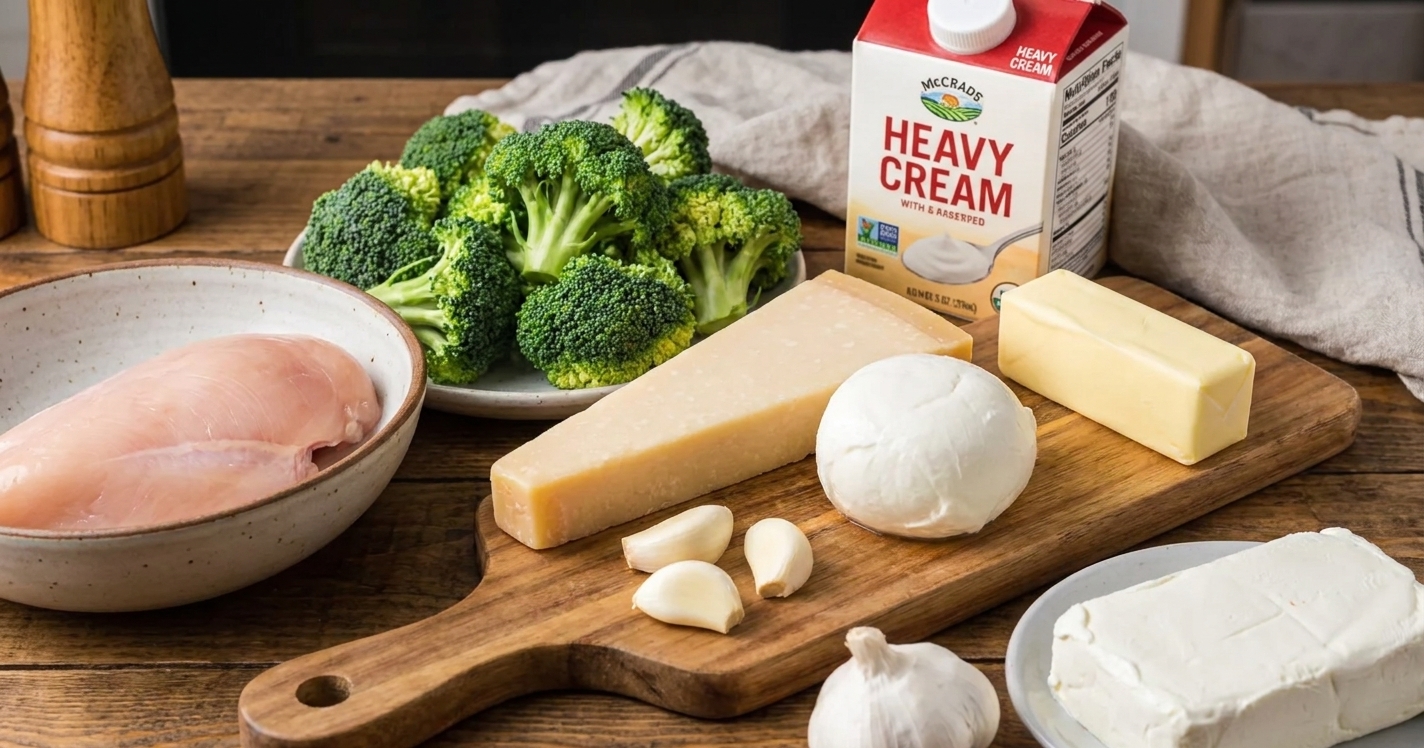 Raw chicken breast, broccoli florets, heavy cream, Parmesan, mozzarella, butter, garlic, and cream cheese arranged on a kitchen counter