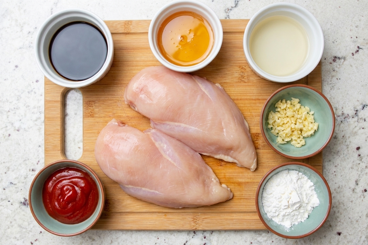 Raw chicken breasts on a cutting board beside small bowls of soy sauce, honey, rice vinegar, ketchup, garlic, and cornstarch on a kitchen counter