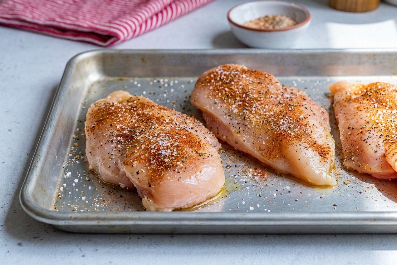 Raw chicken breasts on a rimmed baking sheet, rubbed with oil and sprinkled evenly with kosher salt, black pepper, and spices