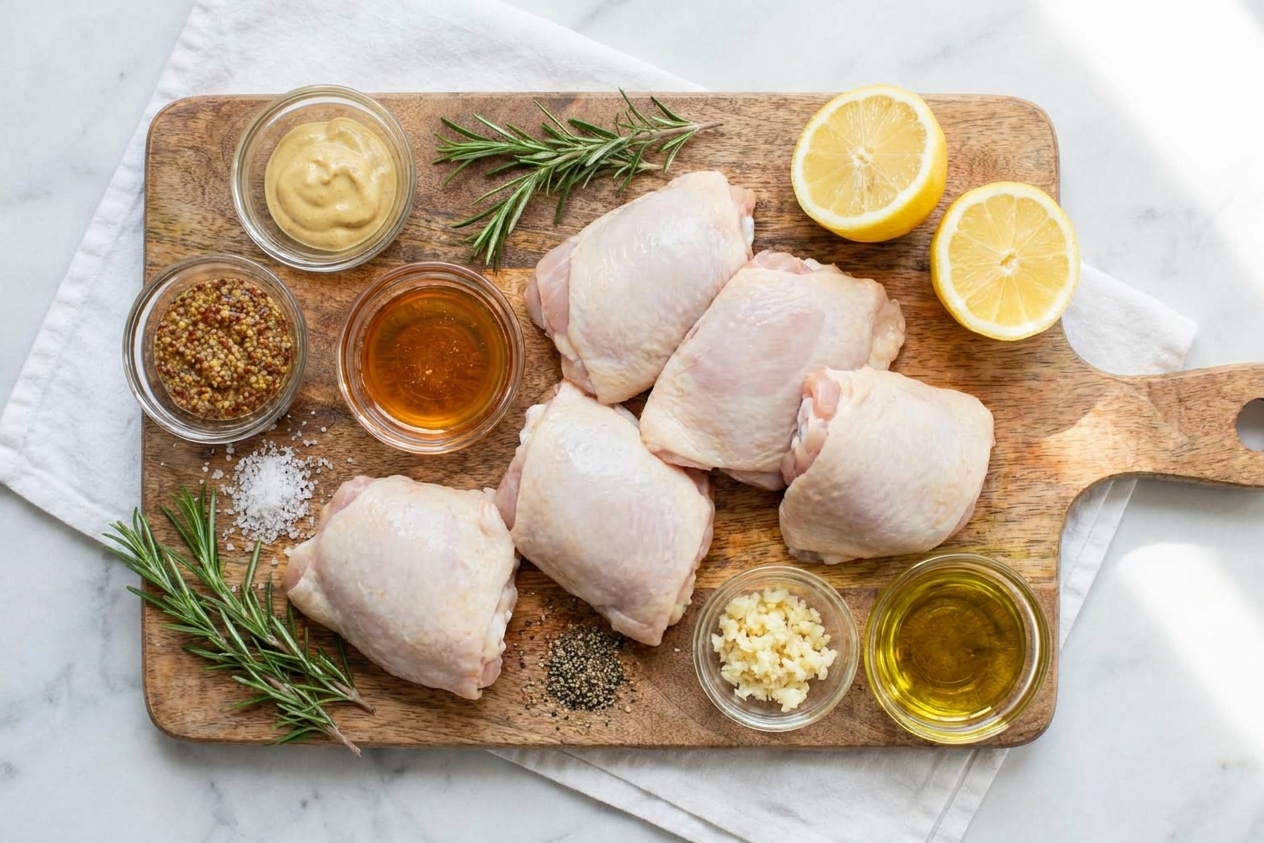 Raw chicken thighs, Dijon mustard, whole grain mustard, honey, garlic, lemon, olive oil, salt, pepper, and rosemary arranged on a wooden cutting board