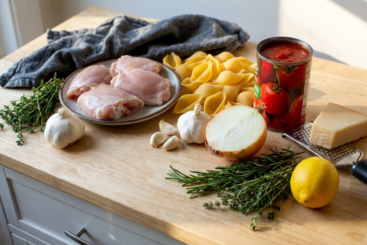 Raw chicken thighs, dry pasta, canned tomatoes, garlic, onion, parmesan, lemon, and herbs arranged on a kitchen counter