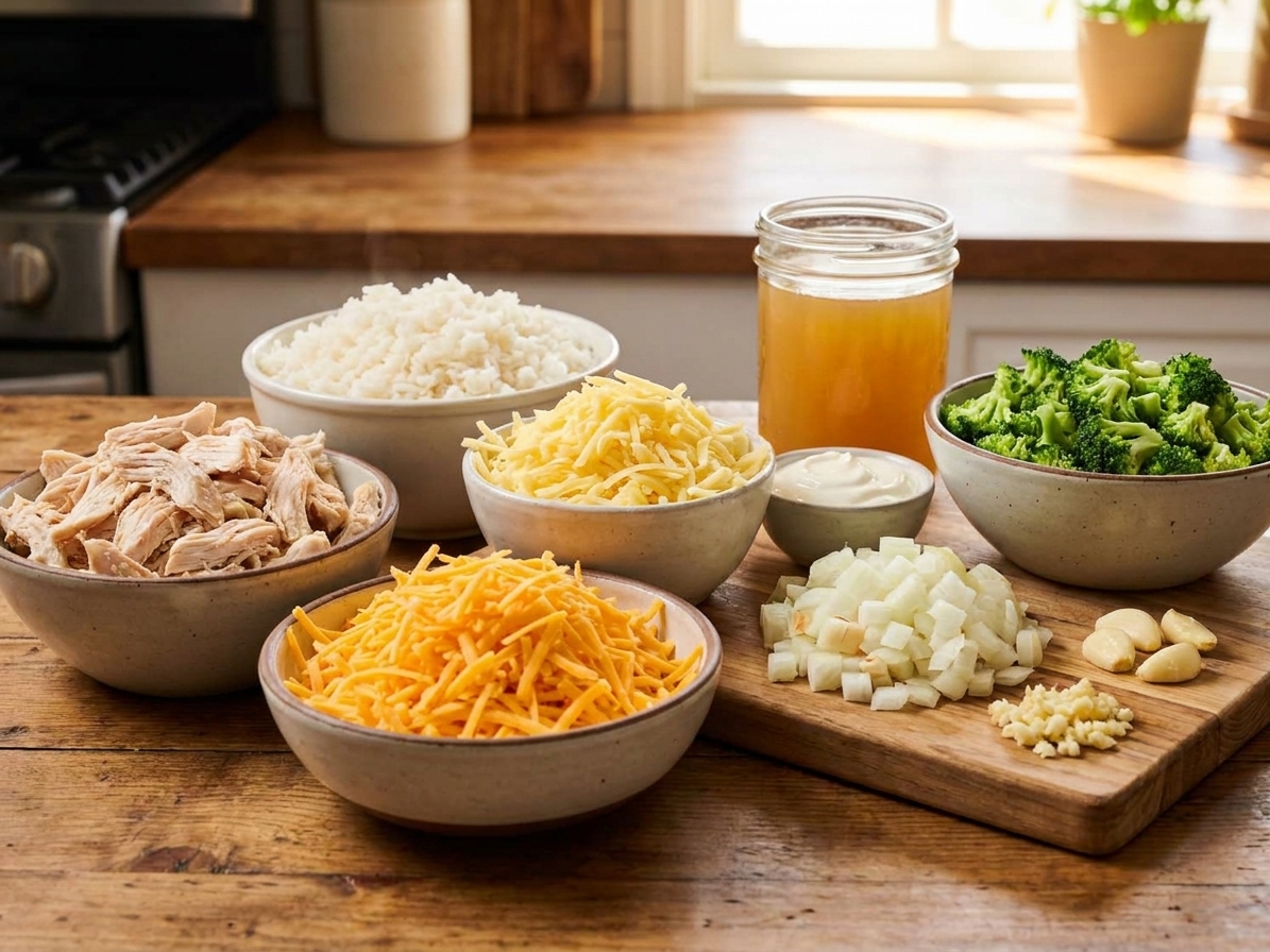 Raw ingredients for chicken and rice casserole arranged on a kitchen counter including cooked chicken, cooked rice, shredded cheese, broth, sour cream, onion, garlic, and vegetables