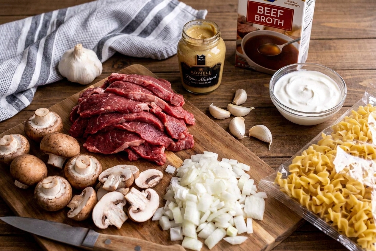 Raw ingredients for steak stroganoff on a kitchen counter including sliced steak, cremini mushrooms, onion, garlic, sour cream, broth, Dijon mustard, and egg noodles