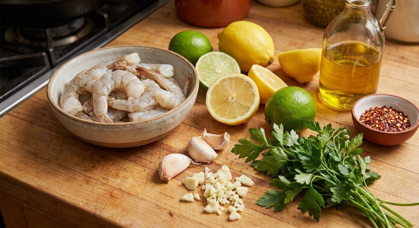 Raw peeled shrimp, lemons, limes, garlic, parsley, olive oil, and chili flakes arranged on a kitchen counter