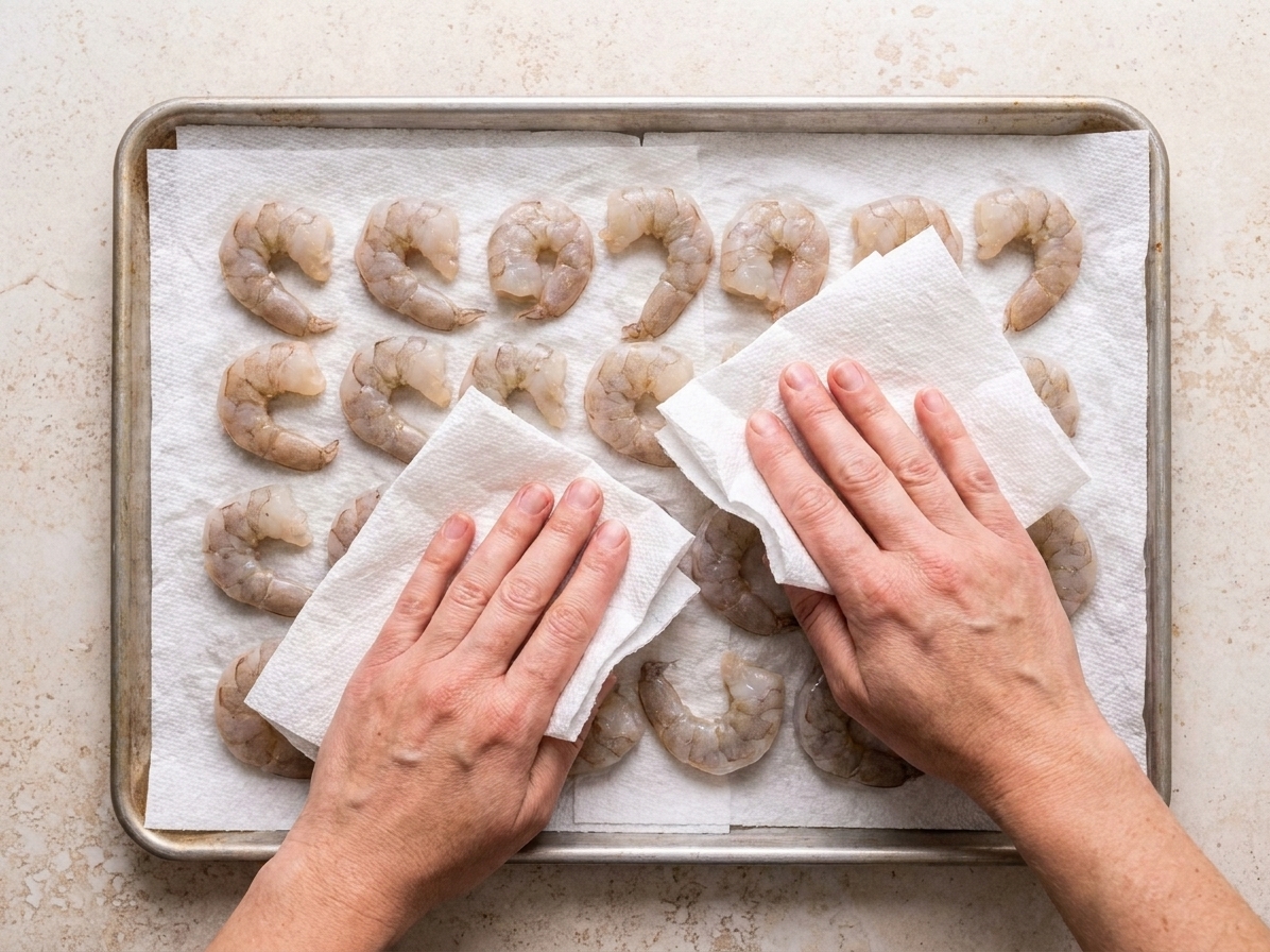 Raw peeled shrimp spread on paper towels on a rimmed baking sheet being patted dry by hands