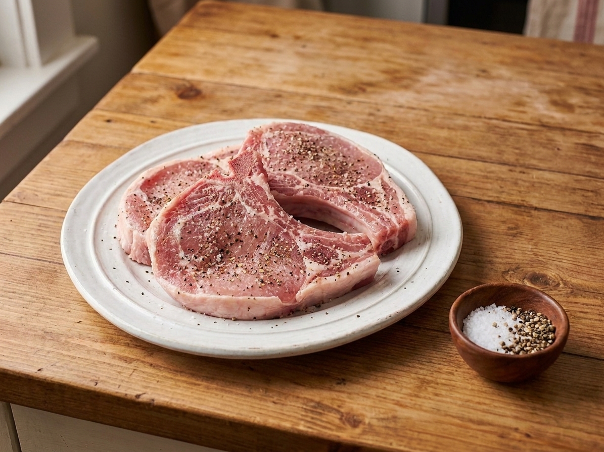 Raw pork chops patted dry and seasoned with salt and black pepper on a plate next to a small bowl of spices