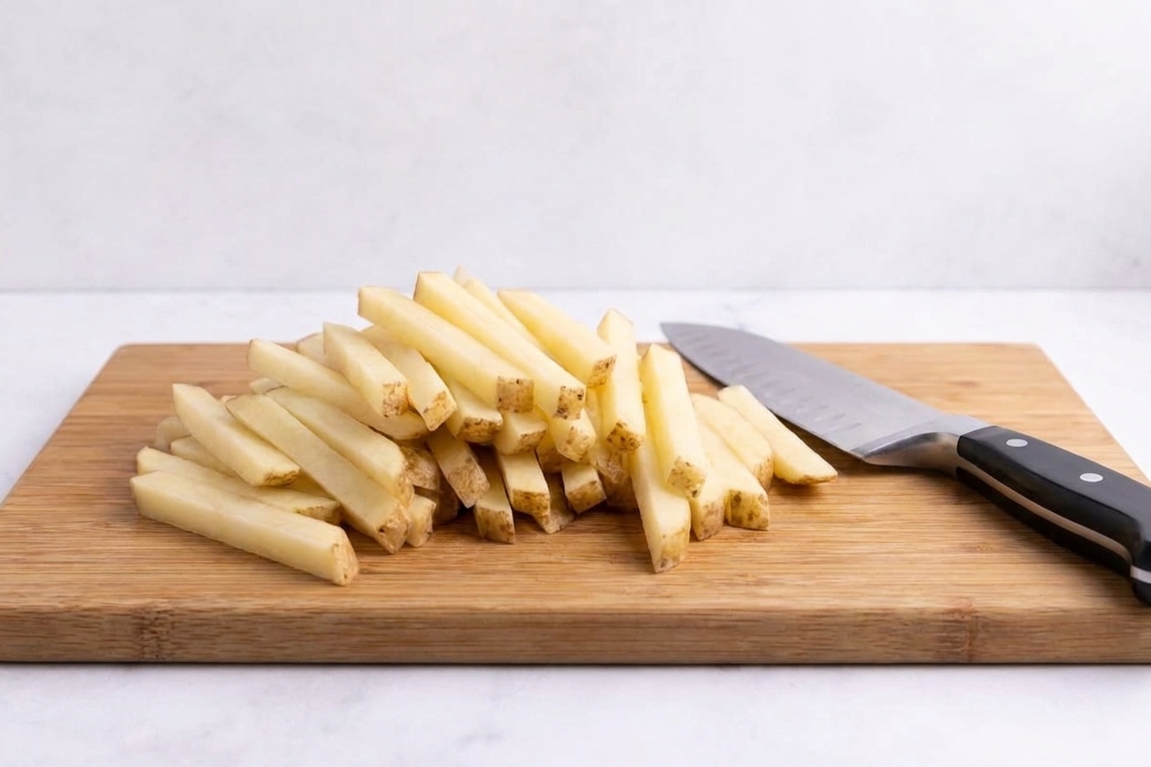Raw russet potatoes sliced into uniform matchstick fries on a wooden cutting board next to a chef's knife
