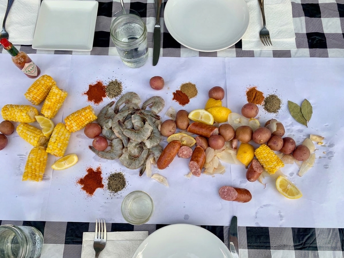 Raw shrimp, corn, red potatoes, andouille sausage, lemons, garlic, and spices arranged on a kitchen counter