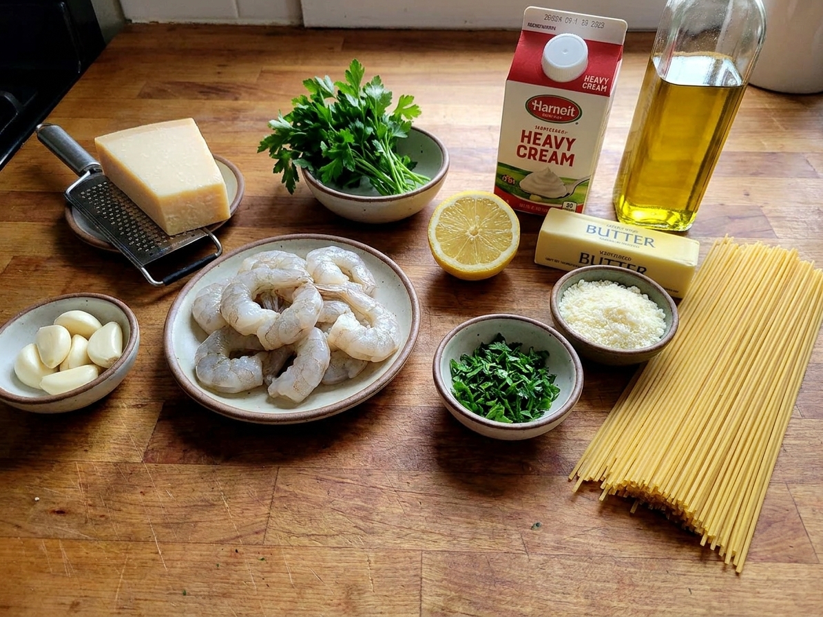 Raw shrimp, garlic, lemon, parsley, Parmesan, cream, butter, olive oil, and dry pasta arranged on a kitchen counter with small bowls