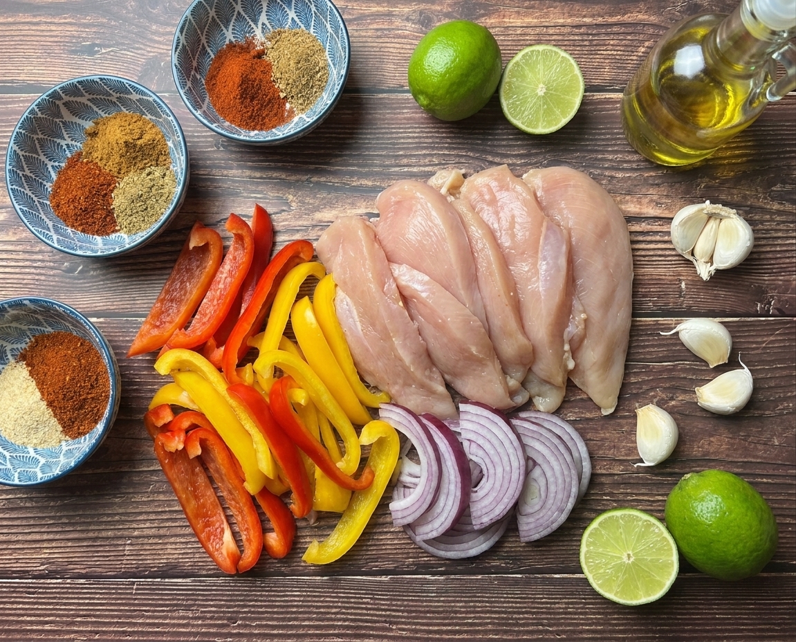Raw sliced chicken, bell peppers, red onion, lime, garlic, oil, and small bowls of fajita spices arranged on a kitchen counter
