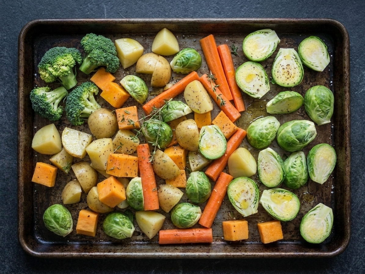 Raw vegetables arranged in a single even layer with space between pieces on a rimmed sheet pan