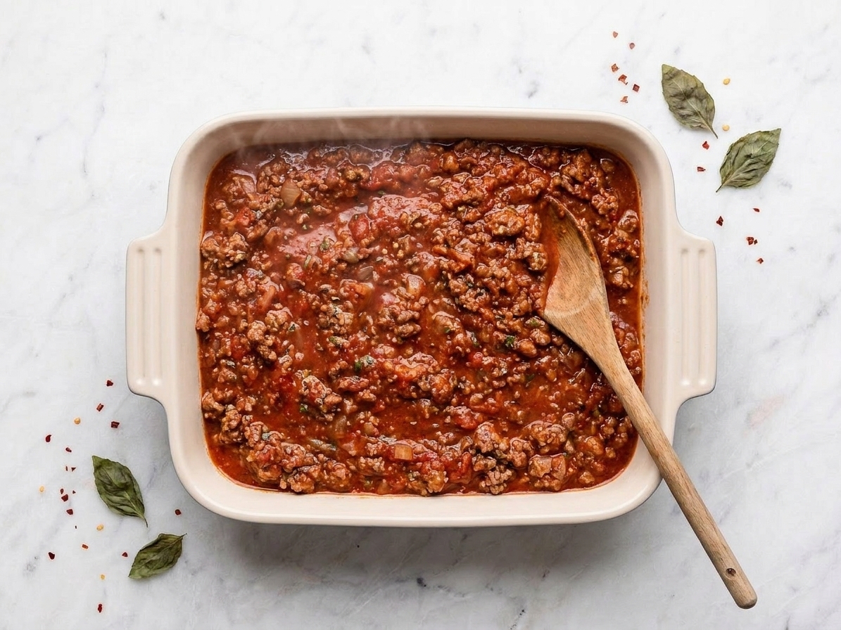 Red meat sauce cooling in a shallow container on a kitchen counter with a spoon resting nearby