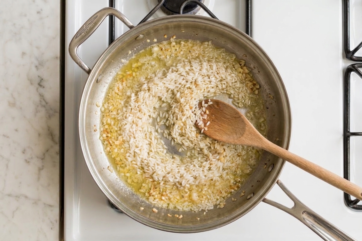 Rice being stirred into melted butter and garlic in a skillet as the grains turn glossy.