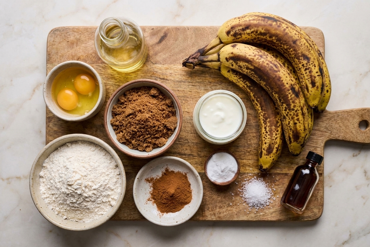 Ripe bananas, flour, brown sugar, eggs, yogurt, oil, baking soda, cinnamon, salt, and vanilla arranged on a kitchen counter
