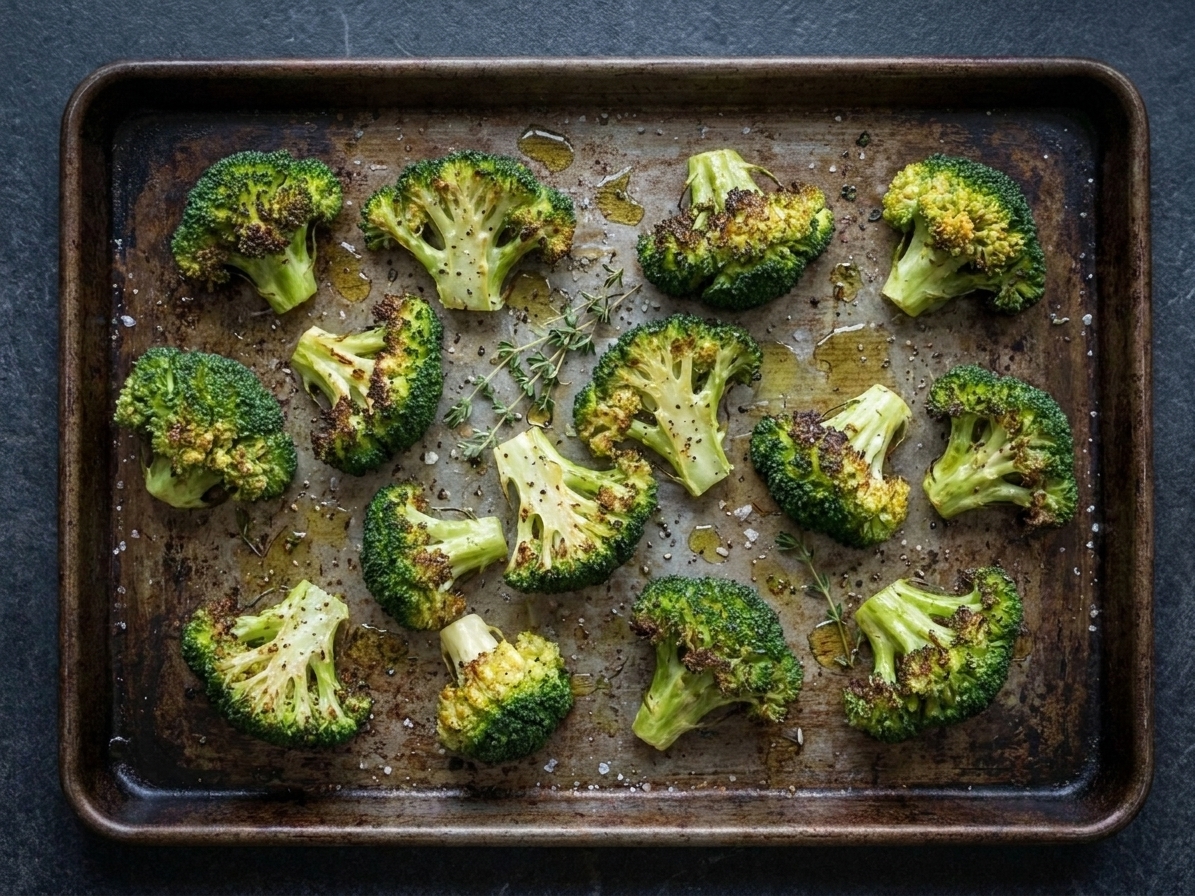 Roasted broccoli florets with deeply browned edges on a sheet pan