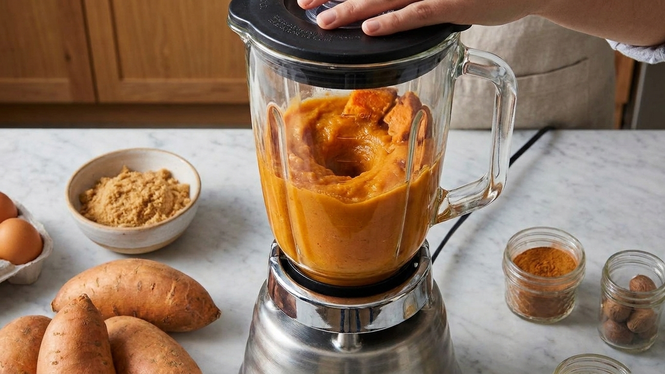 Roasted sweet potato flesh being blended into a smooth puree in a countertop blender