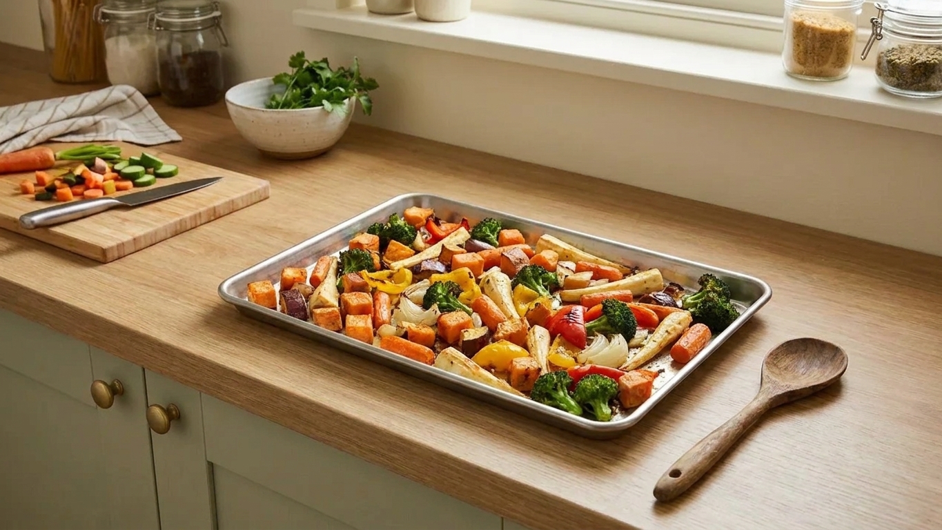 Roasted vegetables spread out on a sheet pan cooling on a kitchen counter with a wooden spoon nearby