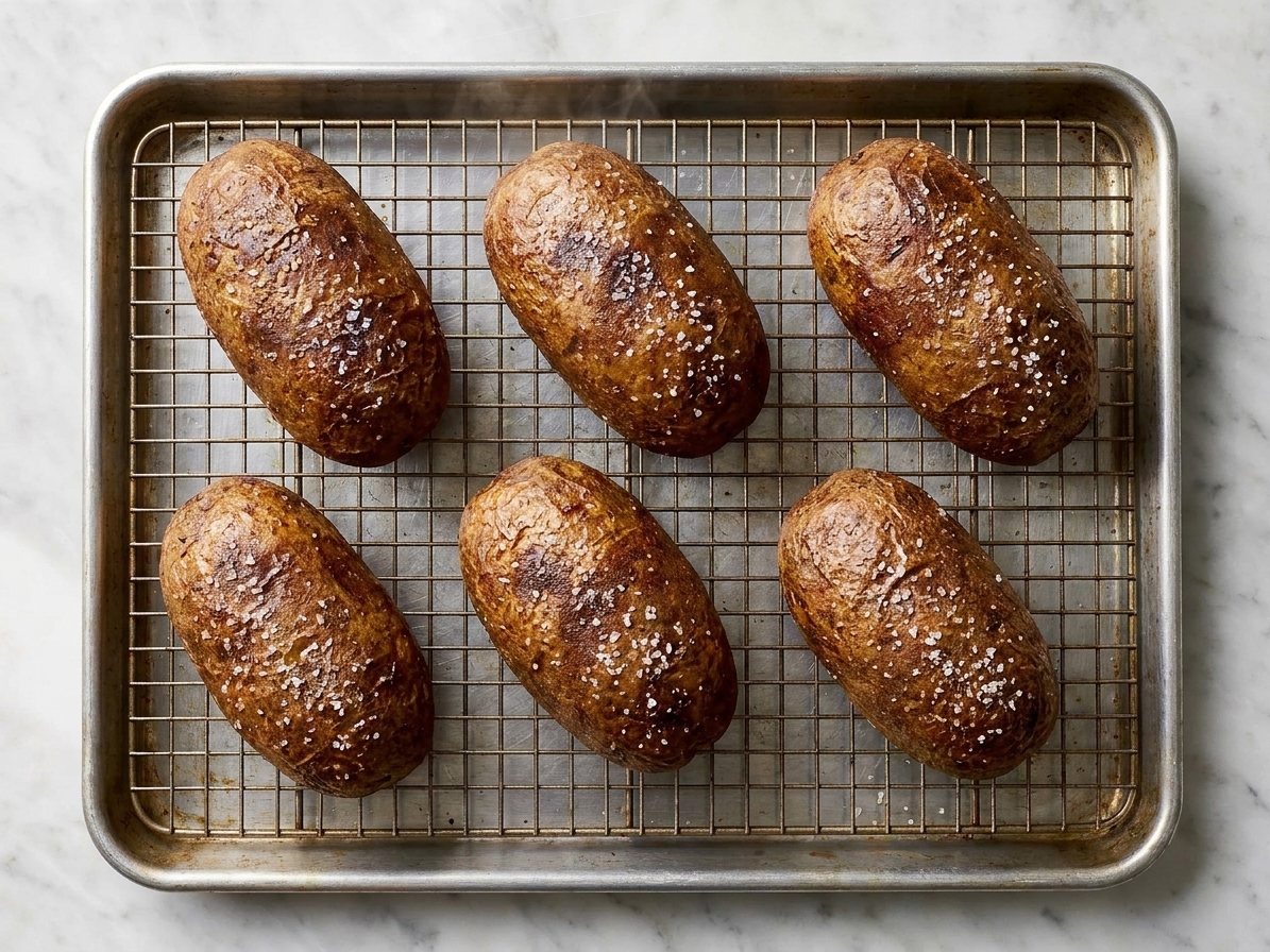 Russet potatoes with visibly salt-speckled, crisp skins resting on a baking rack after roasting