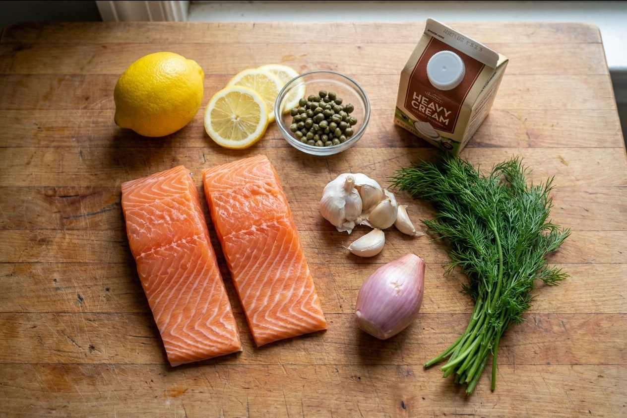 Salmon fillets, a lemon, capers, garlic, shallot, fresh dill, and a small carton of cream arranged on a wooden counter