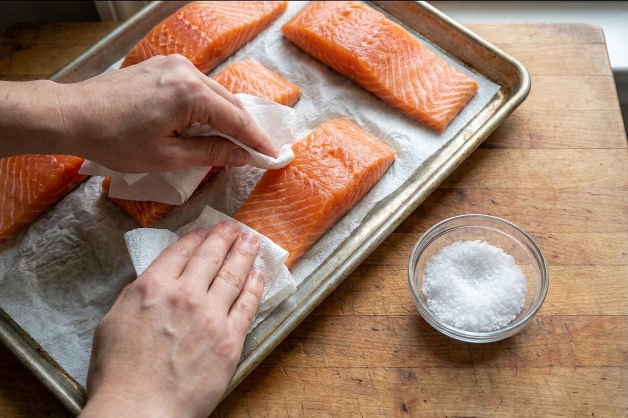 Salmon fillets being patted dry with paper towels on a sheet pan next to a small bowl of salt