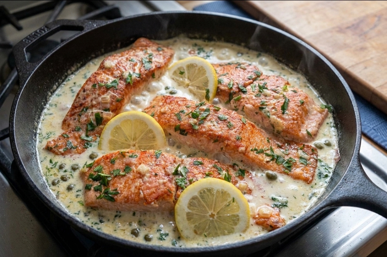 Salmon fillets gently simmering in a pale cream sauce with capers and herbs in a skillet