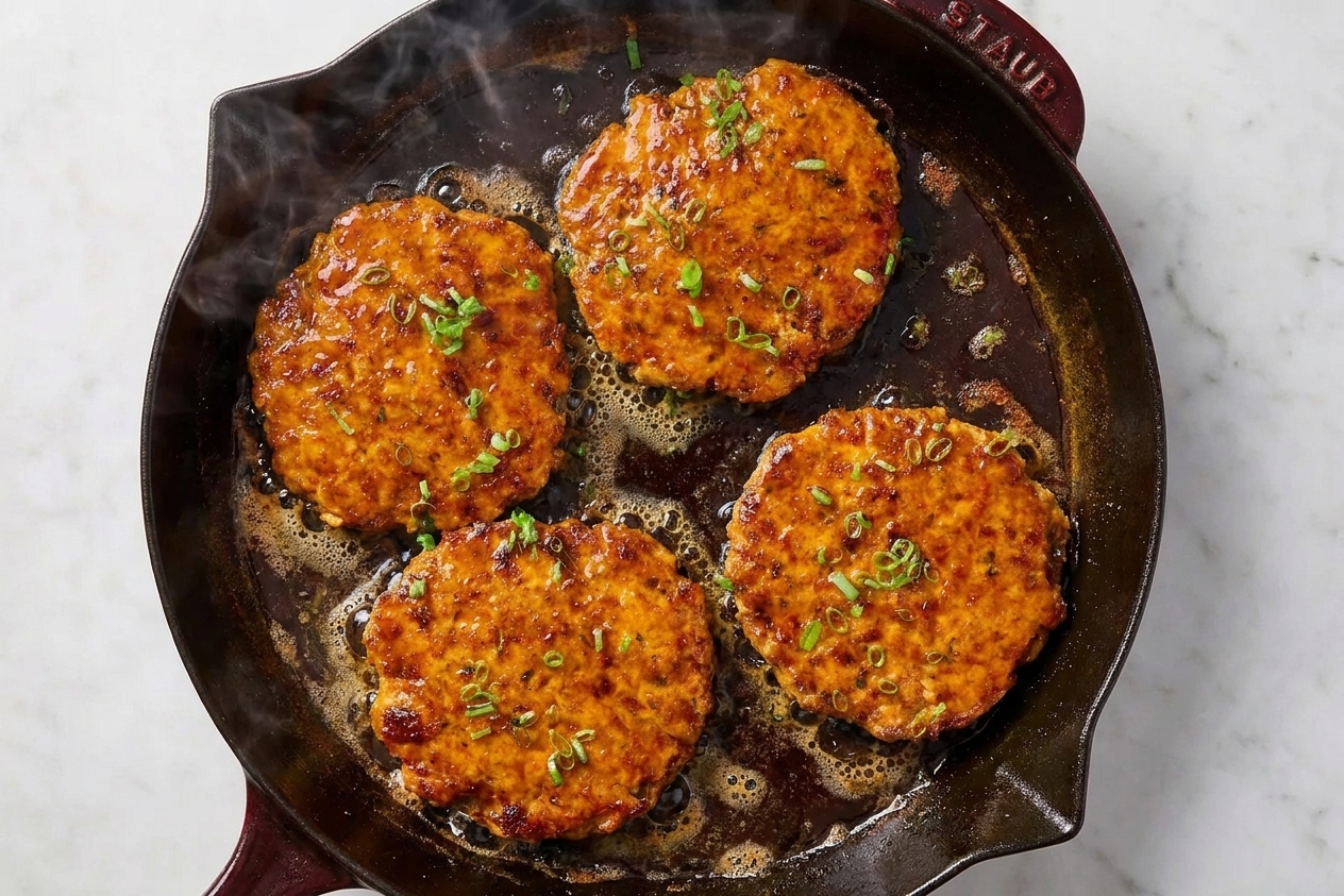 Salmon patties sizzling in a cast iron skillet with browned crust forming on the edges