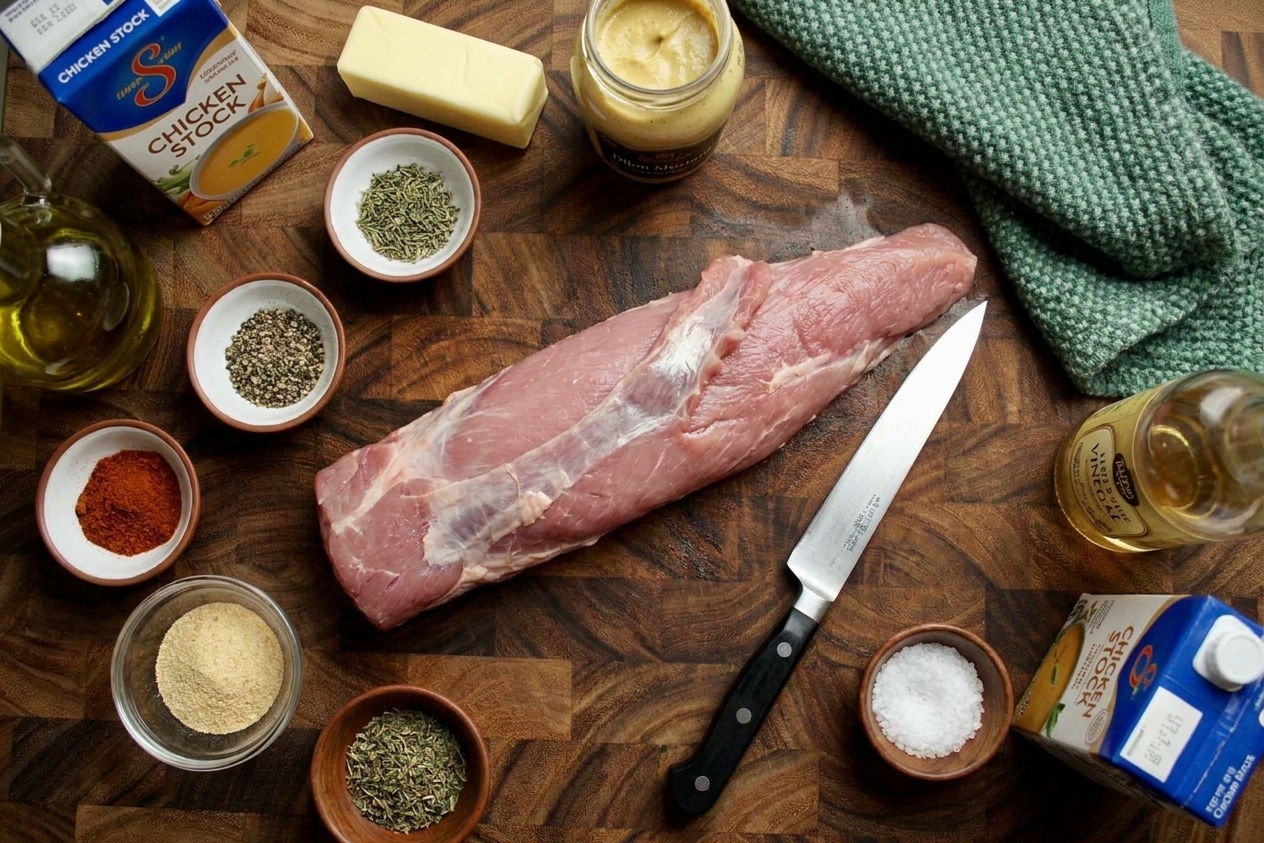 Salt, pepper, spices, oil, butter, mustard, vinegar, stock, and a raw pork tenderloin arranged on a kitchen counter