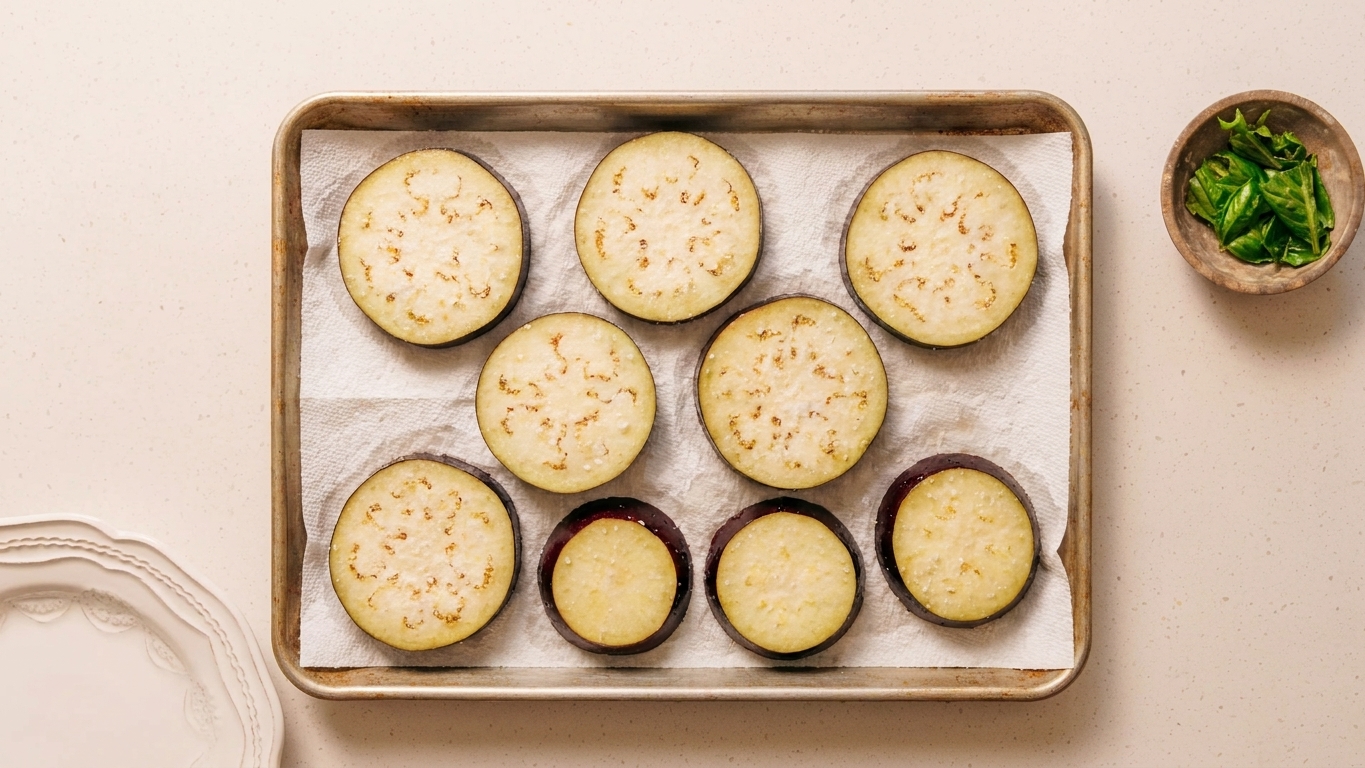 Salted eggplant rounds laid out on paper towels on a baking sheet, with visible moisture beading on the surface
