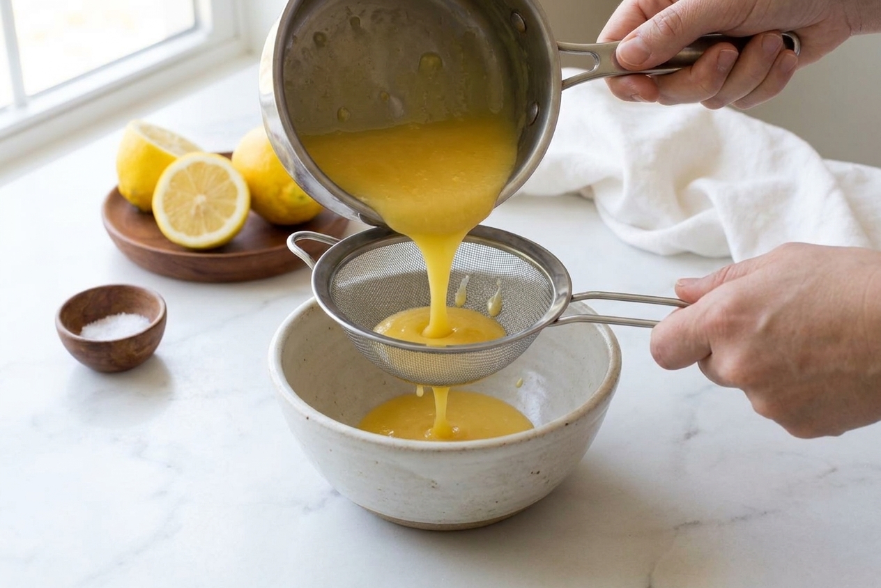 Savory lemon curd being poured through a fine-mesh strainer into a ceramic bowl on a kitchen counter
