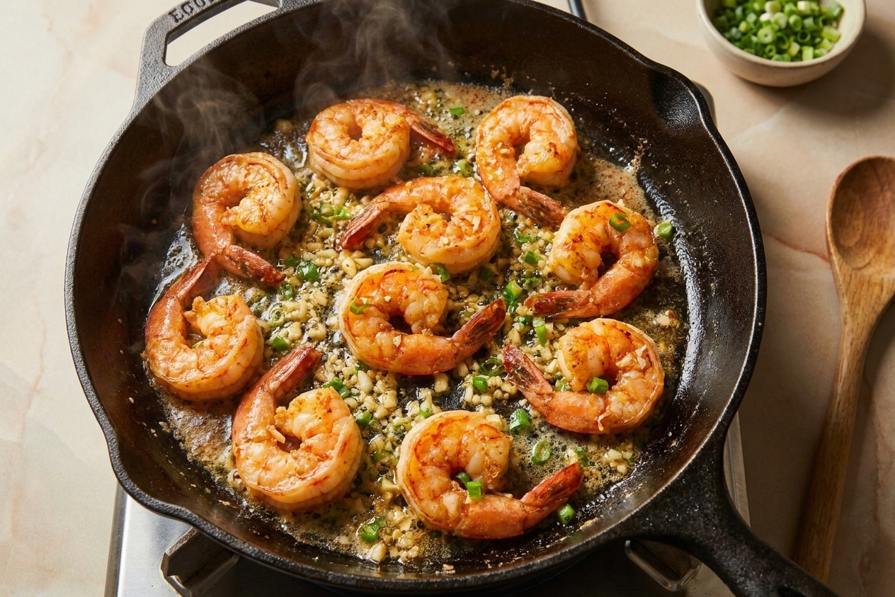 Seasoned shrimp sautéing in a skillet with minced garlic and melted butter