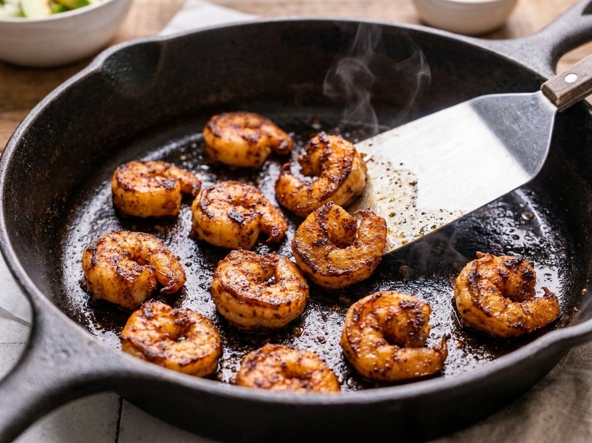 Seasoned shrimp searing in a hot skillet with light browning on the edges and a spatula nearby