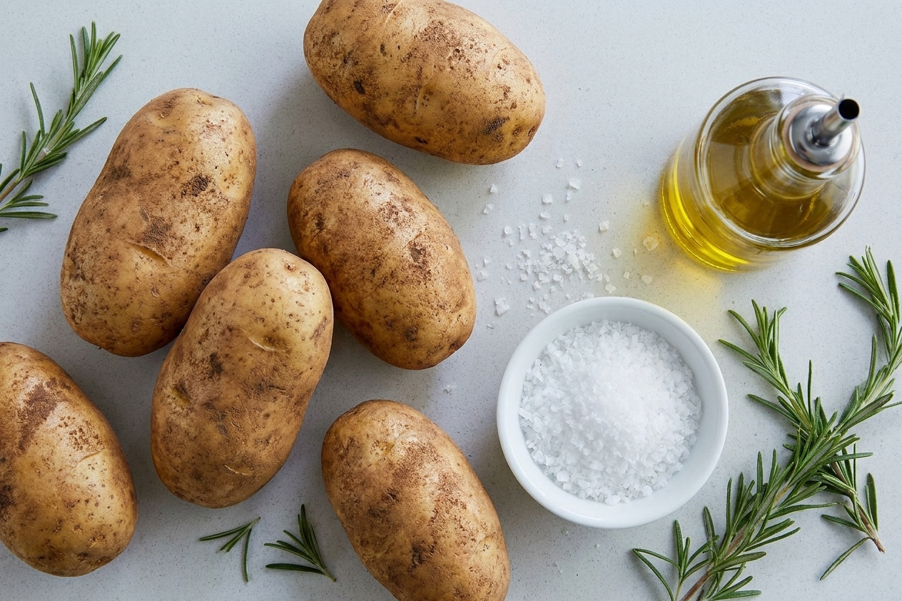 Several raw russet potatoes on a kitchen counter next to a small bowl of kosher salt and a bottle of olive oil