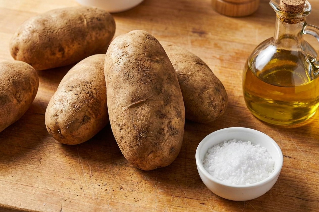 Several raw russet potatoes on a wooden kitchen counter next to a small bowl of kosher salt and a bottle of olive oil