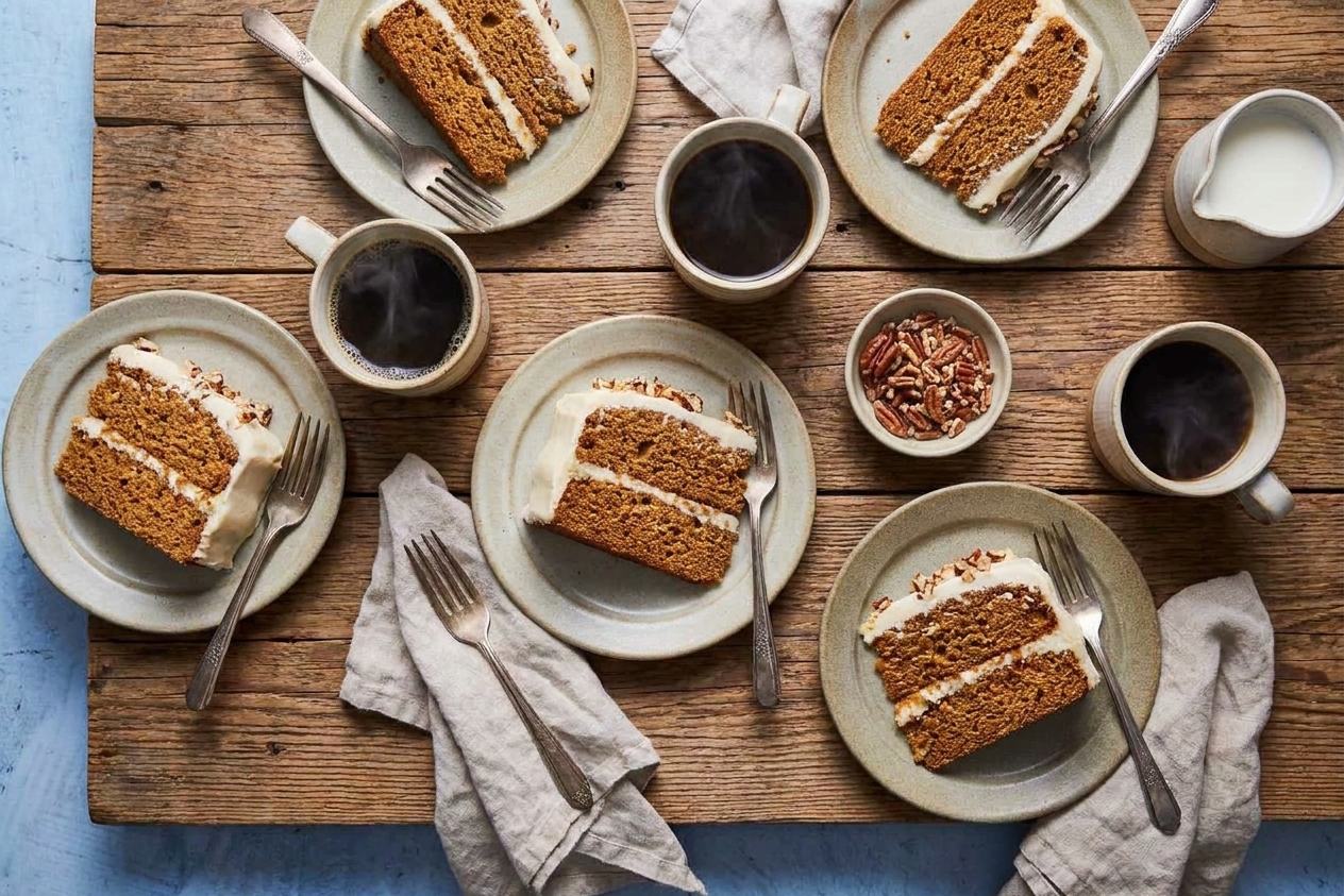 Several slices of sweet potato cake arranged on a table with small dessert plates, coffee cups, and toasted pecans.