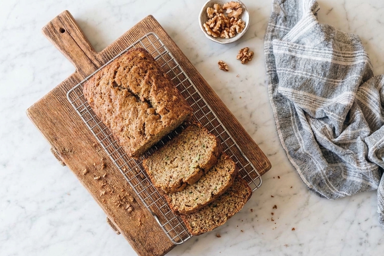 Several slices of zucchini bread cooling on a wire rack with crumbs scattered on a wooden cutting board