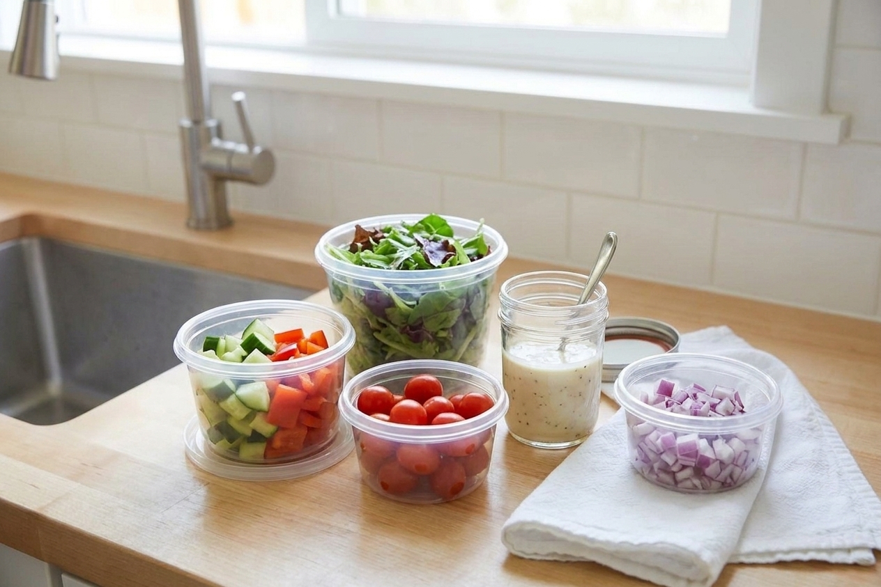 Several small food containers on a kitchen counter holding separate salad components like greens, chopped vegetables, and dressing