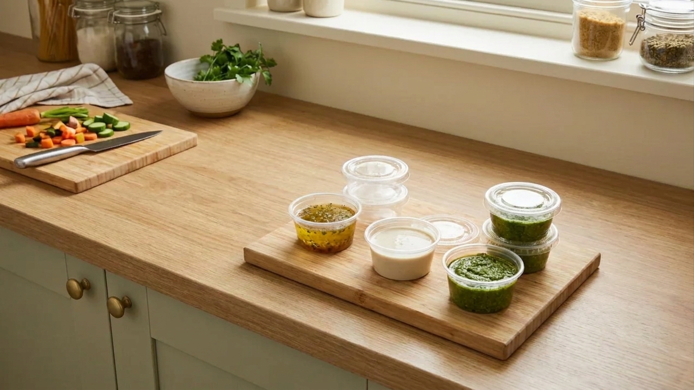 Several small lidded sauce cups filled with different dressings and sauces like vinaigrette, tahini sauce, and pesto on a cutting board