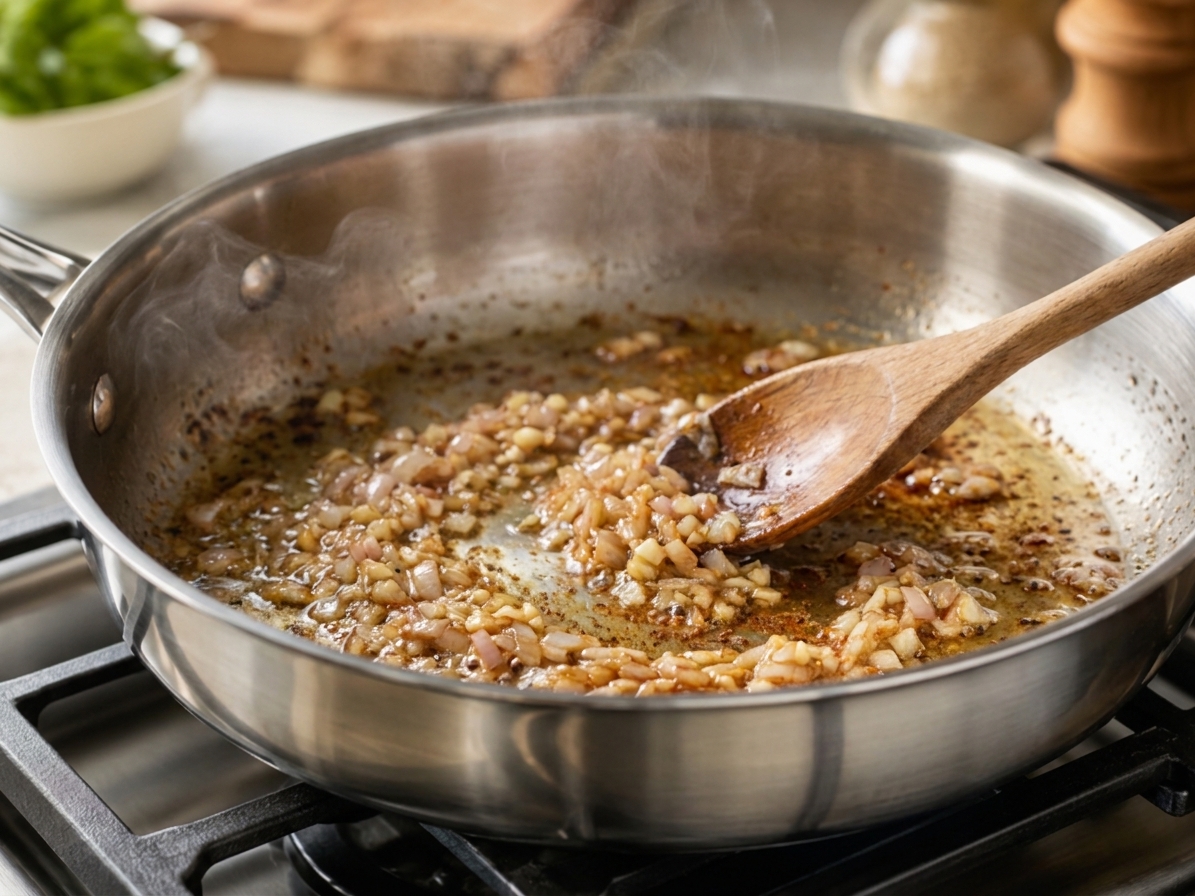 Shallots sizzling in chicken drippings in a stainless steel skillet with a wooden spoon stirring