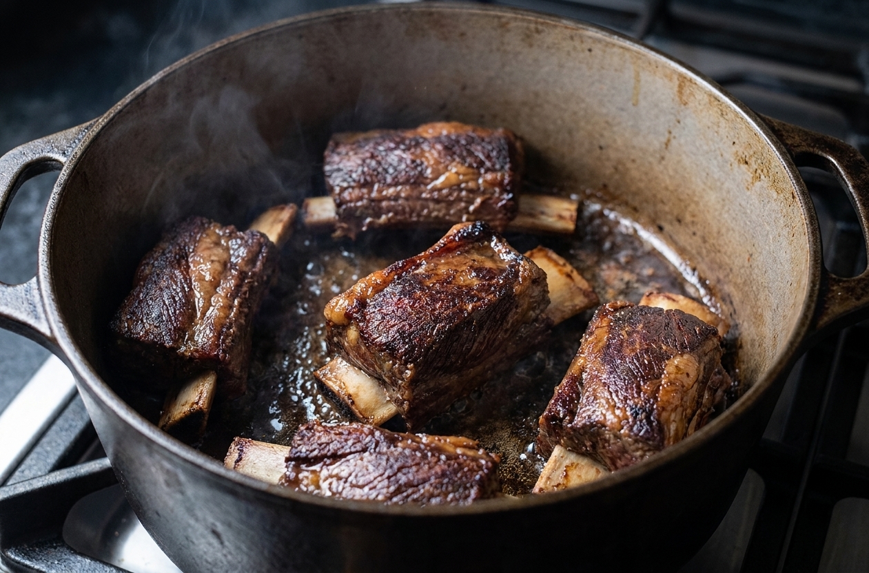 Short ribs browning in a heavy Dutch oven with a deep caramelized crust forming on the meat