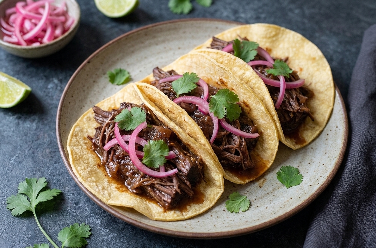 Shredded braised short rib tucked into warm tortillas with pickled onions and cilantro on a plate