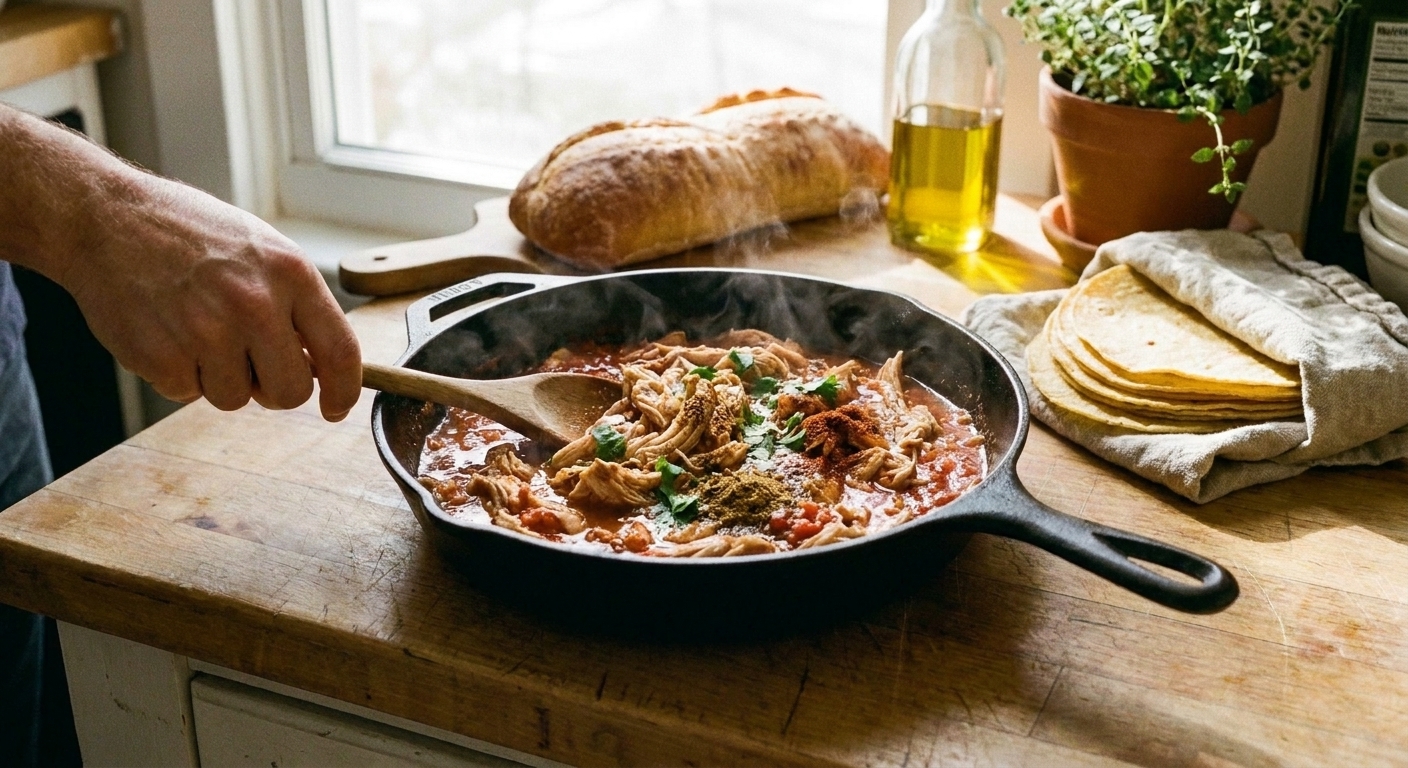 Shredded chicken simmering in a skillet with salsa and spices, ready to be spooned into tortillas
