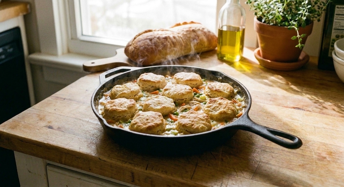 Skillet chicken pot pie topped with golden baked biscuits on a wooden table