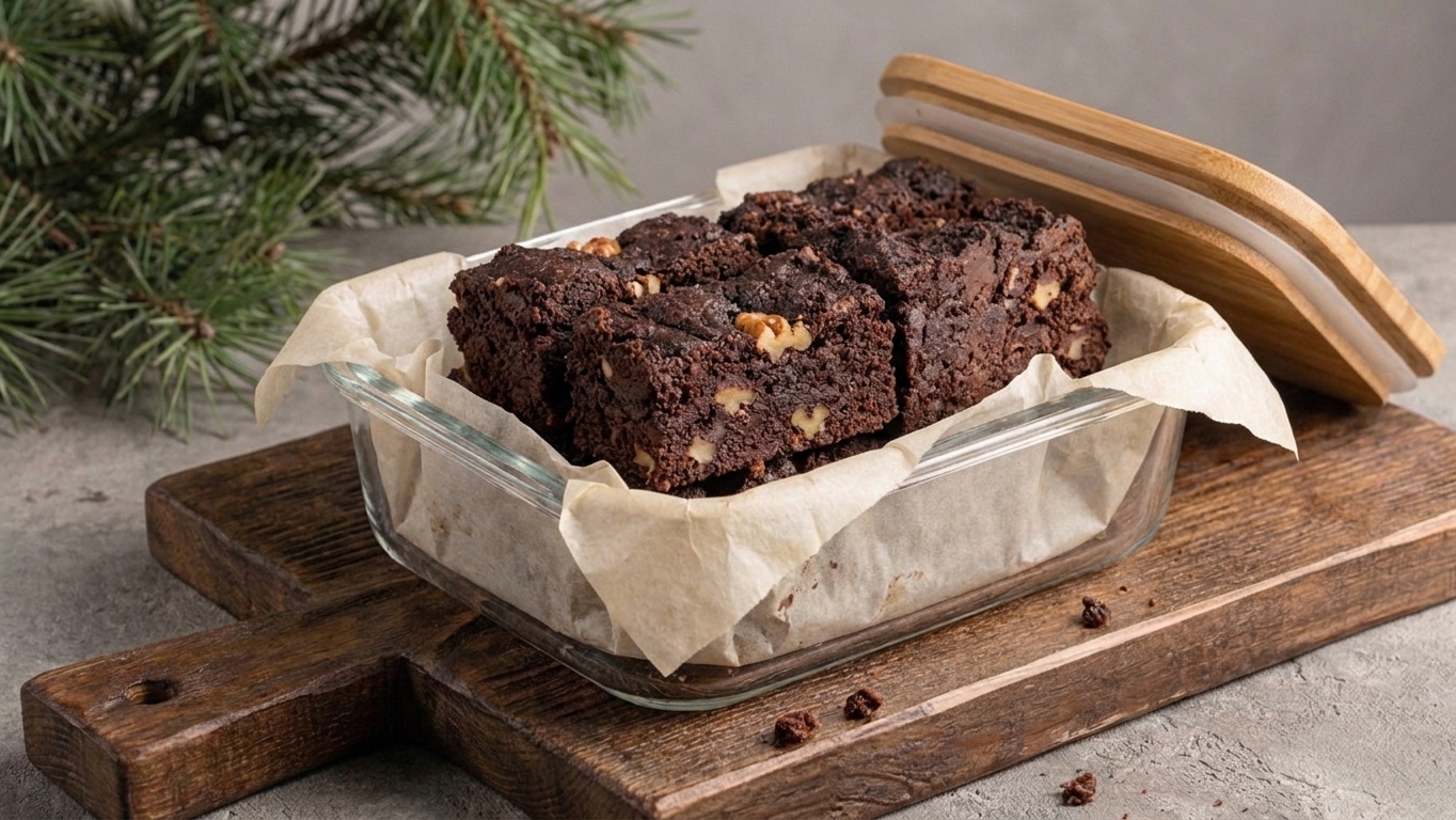 Sliced brownies stacked in an airtight container lined with parchment paper on a kitchen counter