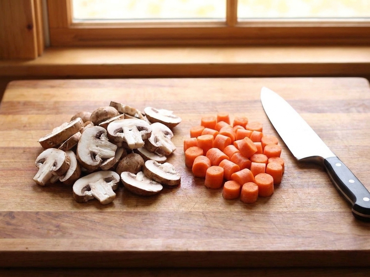 Sliced cremini mushrooms and chopped carrots on a cutting board beside a chef's knife