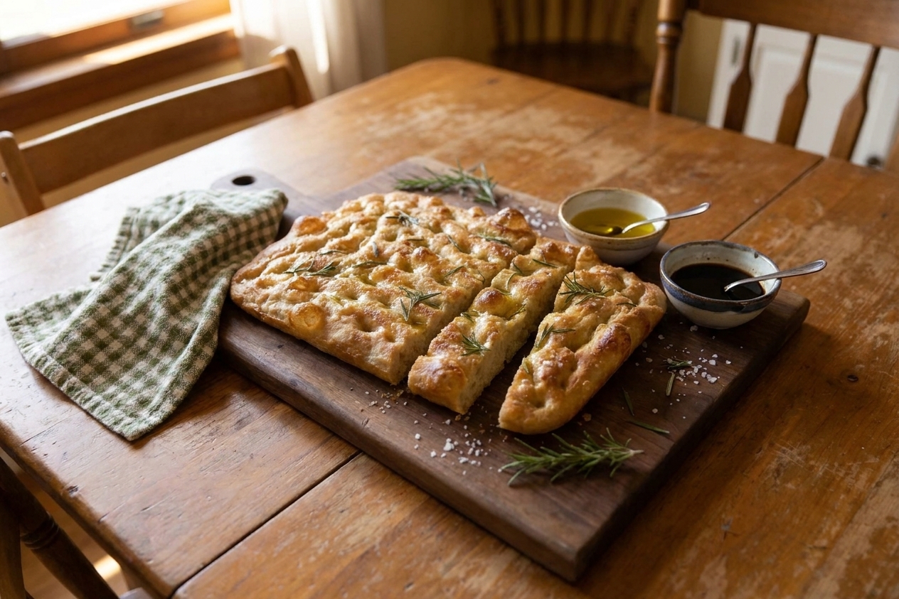Sliced focaccia arranged on a wooden board with small bowls of olive oil and vinegar on a dining table