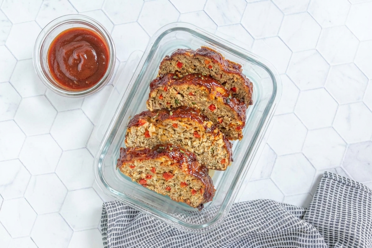 Sliced meatloaf arranged in a glass storage container with a small cup of extra glaze beside it