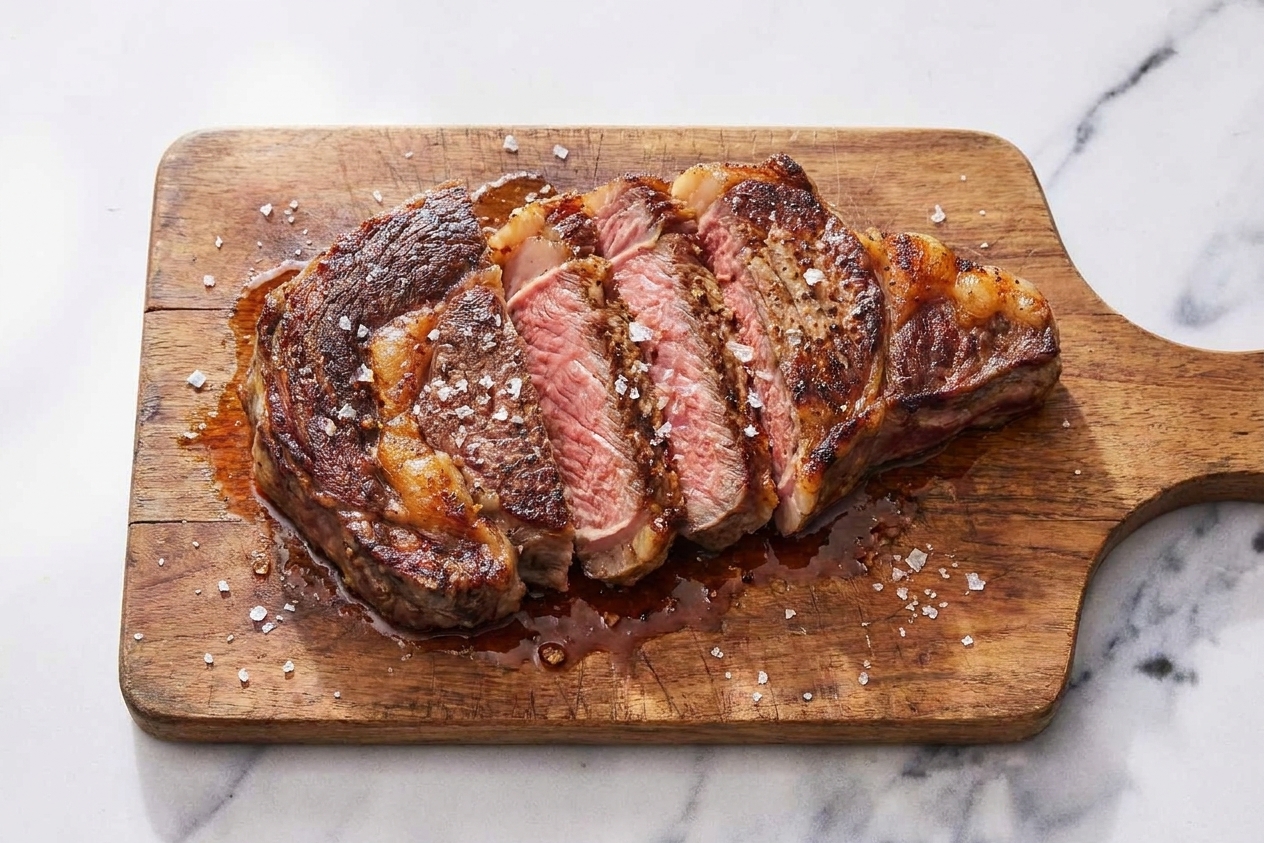Sliced medium-rare steak fanned on a wooden cutting board with resting juices and flaky salt sprinkled on top