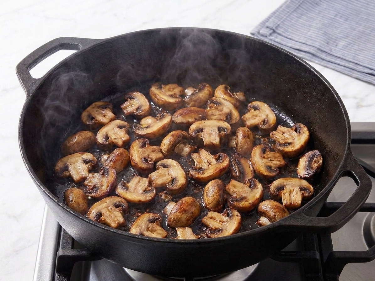 Sliced mushrooms caramelelizing in a wide skillet with browned edges